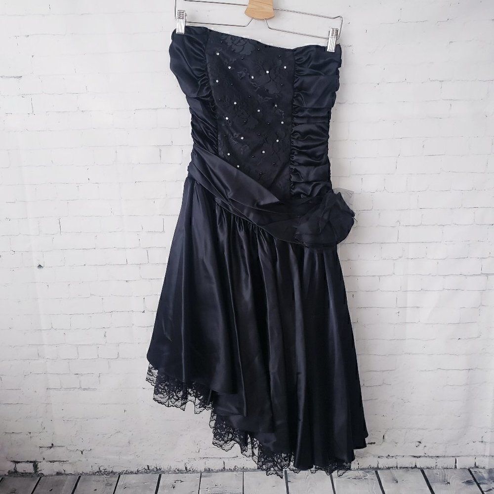 Zum Zum VTG Prom Cocktail Dress Size 5-6 Black Lace Satin Bow Strapless Union
